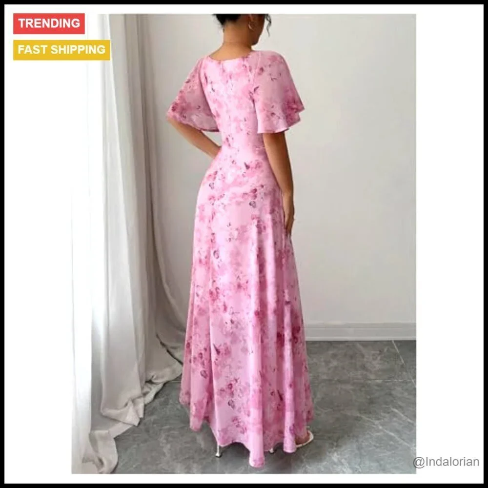 Butterfly Sleeve Boho Maxi Dress Sweetheart Neck A Line Casual Summer